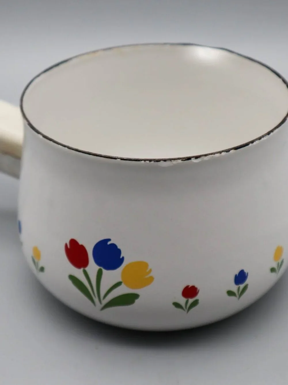 Vtg 80s Tulip Tyme Enameled Metal Spouted Small Saucepan Floral Cottagecore